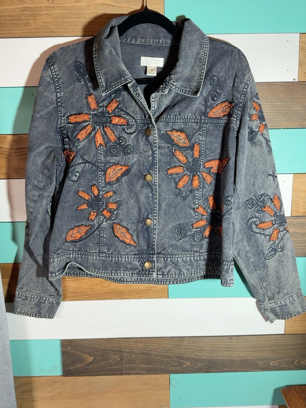 Y2K Christopher & Banks M Gray Orange Floral Embroidered Denim Jacket